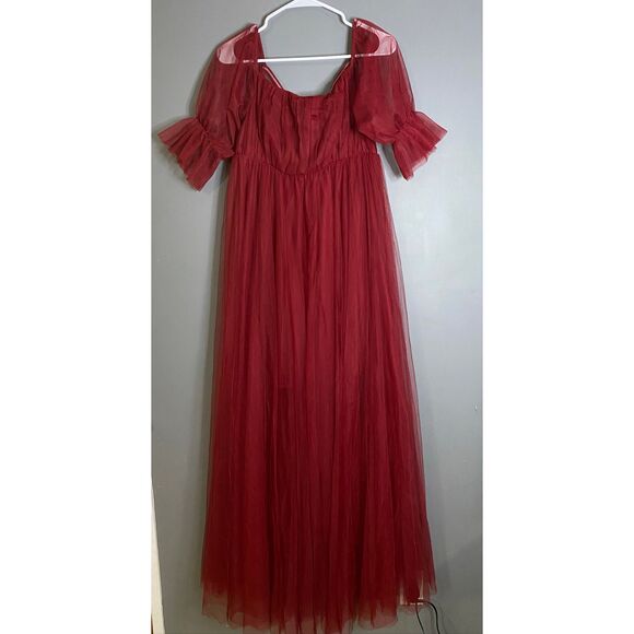 Ever Pretty Deep Red Maxi Tulle Gown With Puff Sleeves Small NWT - Picture 1 of 6